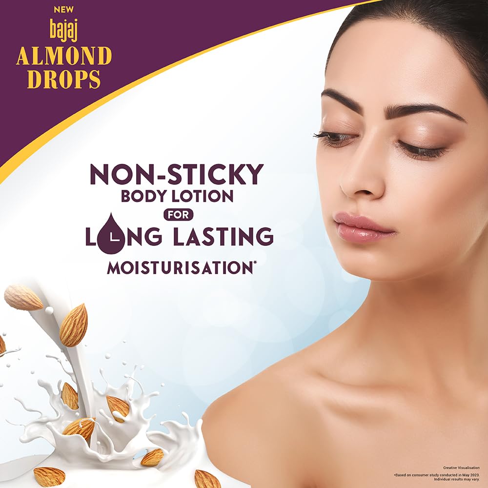 Bajaj Almond Drops Non-Sticky Body Lotion | Long Lasting Moisturization | Almond Oil & Vitamin E | Nourished and Smooth Skin | 600 ML