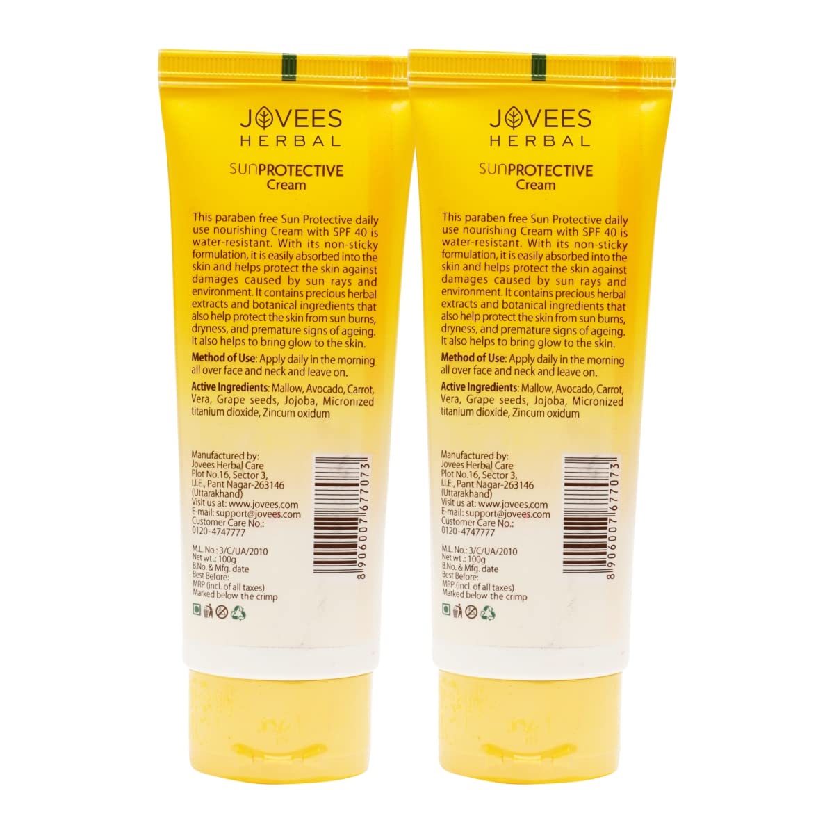 Jovees Herbal Sun Protective Sunscreen SPF 40 | Lightweight, Quick Absorbing and Oil Free - UVA/UVB Protection | Normal to Dry Skin Type | Paraben & Alcohol Free 100g (Pack of 2)