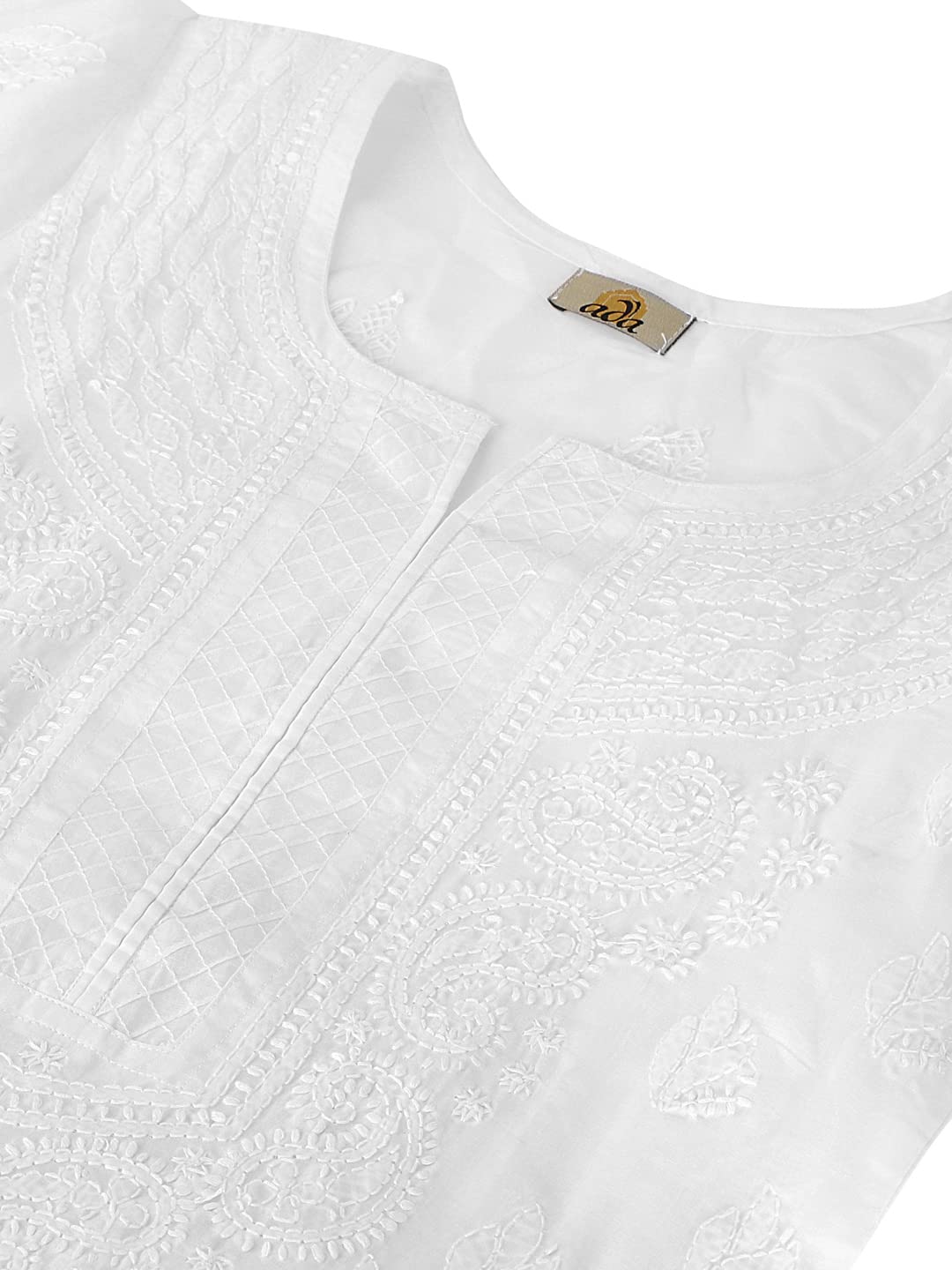 Ada Hand Embroidered Lucknowi Chikankari Straight Cotton Kurti Kurta for Women A220999 White 2XL