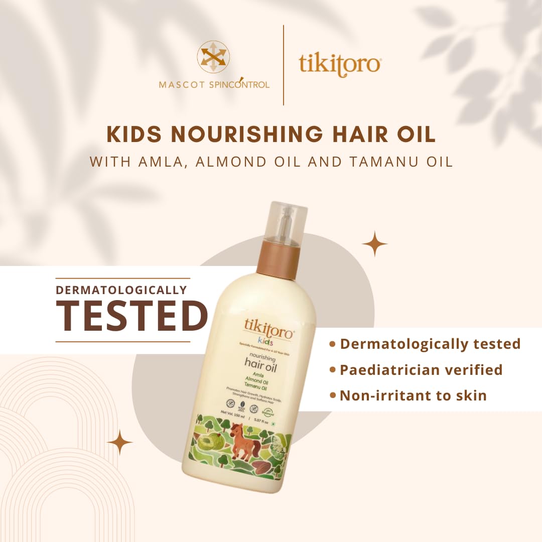 Tikitoro Kids Nourishing Hair Oil Pack Of 2, 100% Vegan with Bringha, Tamanu, Amla, Olive, Aloe & Argan Oil, Promotes Hair Growth, Conditions Scalp, No Paraben & Sulphate (150 ml x 2)