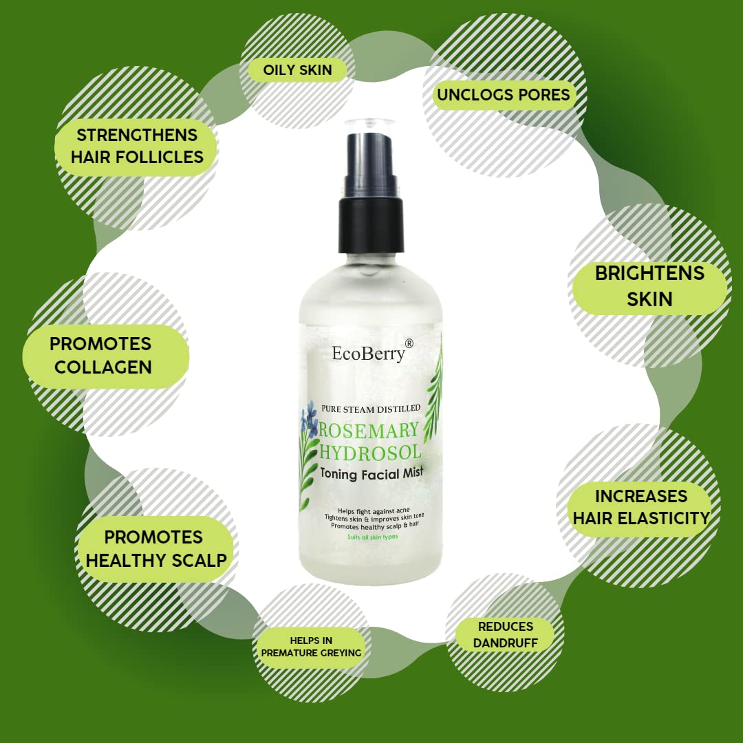 EcoBerry Pure Steam Distilled Rosemary Hydrosol Toning Facial Mist Unblocks Pores, Improves Skin Tone, Promotes Healthy Hair, Reduces Grey Hair & Dandruff,100% Preservative Free, Natural, Vegan