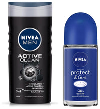 NIVEA Deodorant Roll On for Men, Protect & Care, 50ml and Shower Gel, Active Clean Body Wash for Men, 250ml