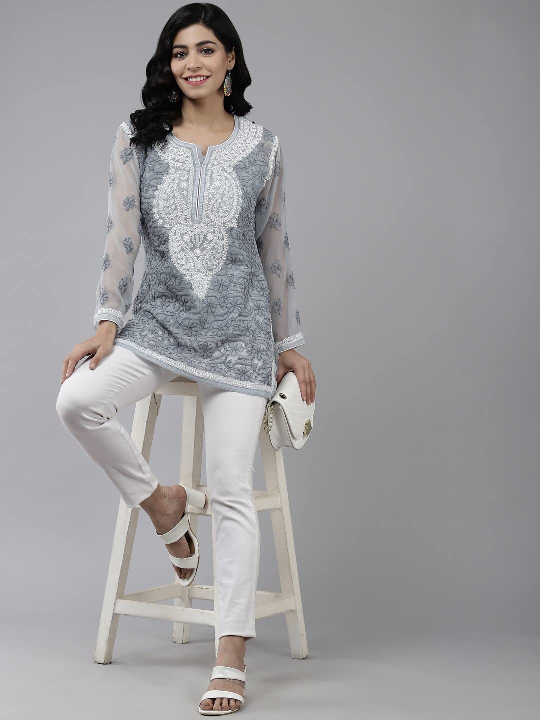 Ada Women's  Hand Embroidered Lucknowi Chikankari Georgette Short Top Kurti with Slip