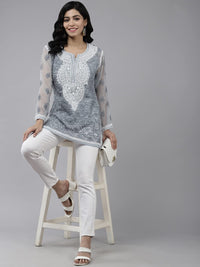 Ada Women's  Hand Embroidered Lucknowi Chikankari Georgette Short Top Kurti with Slip