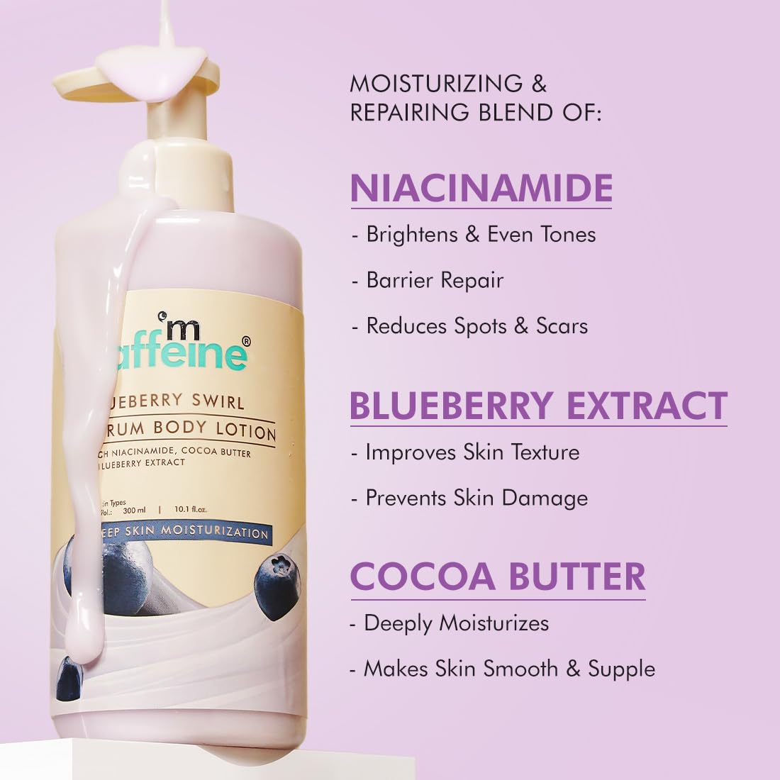 mcaffeine Blueberry Swirl Serum Body Lotion For Women And Men | Dry Skin | Lightweight Moisturizer, Non-Greasy & Non-Sticky | Body Lotion For Winter | Soft & Smooth Lotion For All Skin - 300Ml