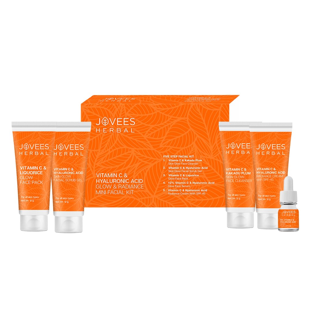 Jovees Herbal Vitamin C & Hyaluronic Acid Glow & Radiance Mini Facial Kit For Brighter & Glowing Skin | Kit For Improves Uneven Skin Tone, Fines Lines & Dullness 53g (Multiple use)