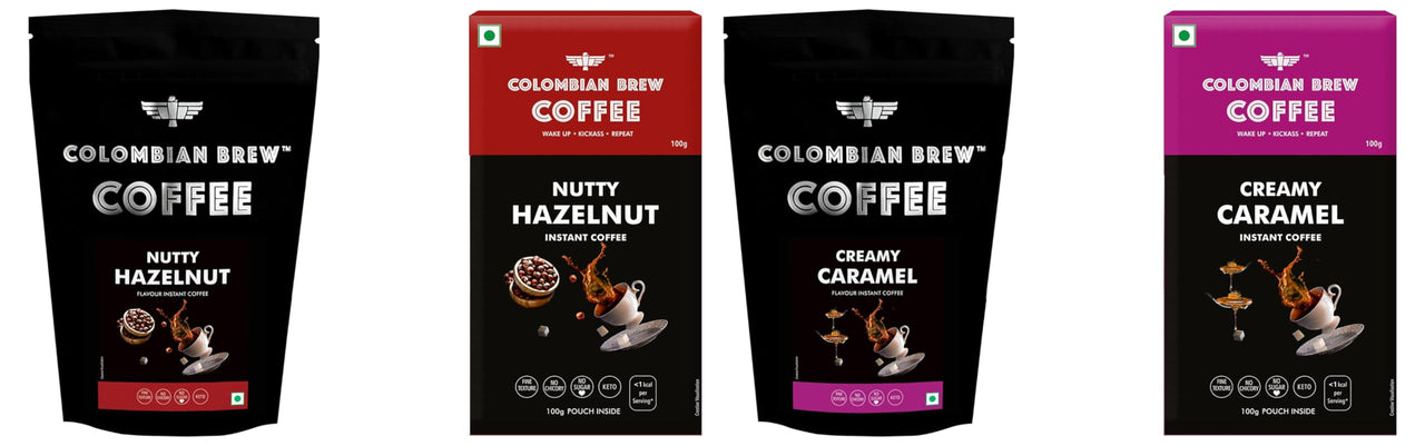 COLOMBIAN BREW COFFEE Hazelnut Instant Coffee Powder, No Sugar Vegan, 100g, Box & Colombian Brew Creamy Caramel Instant Coffee Powder, No Sugar Vegan, 100g