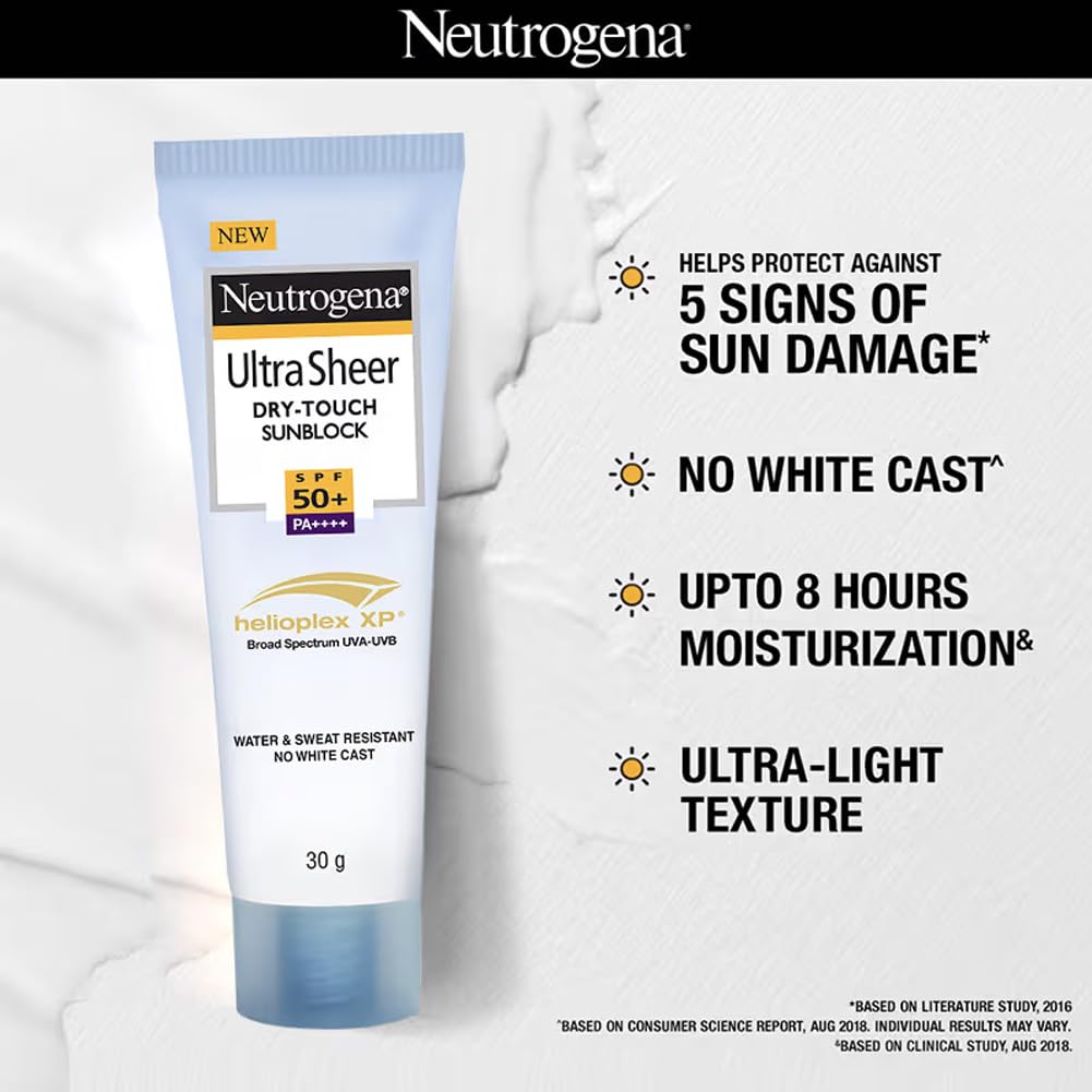 Neutrogena Ultra Sheer Sunscreen SPF 50+ | Broad Spectrum UVA/UVB | Blue light protect | No White Cast | Water resistant, Ultra light & Non sticky | Oily, Dry & Sensitive Skin | 30 g (Pack of 1)