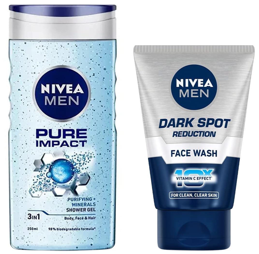 Nivea Men Face Wash, Dark Spot Reduction, 100g & Men Shower Gel, Pure Impact Body Wash, 250ml
