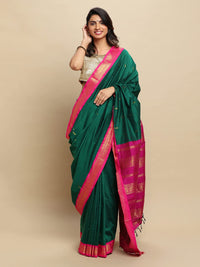 manvish drapes Gadwal Silk Cotton saree with Buttas and Peacock Border Saree with Contrast Blouse Piece (GREEN-RANI)