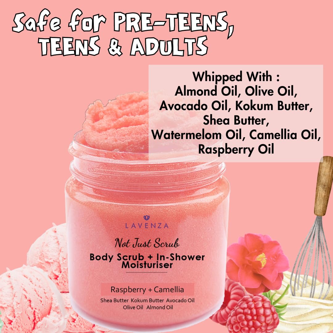 Lavenza Butter Whipped Body Scrub |Natural AHA, NO SILICONES & SULPHATES, Freshly made with Cold pressed Oils & Shea Butter| De-Tans naturally, Deeply Moisturizes, Gently Exfoliates with Camelia Oil | No harsh Chemicals, Safe for Kids, Men & Women, 200 Gm