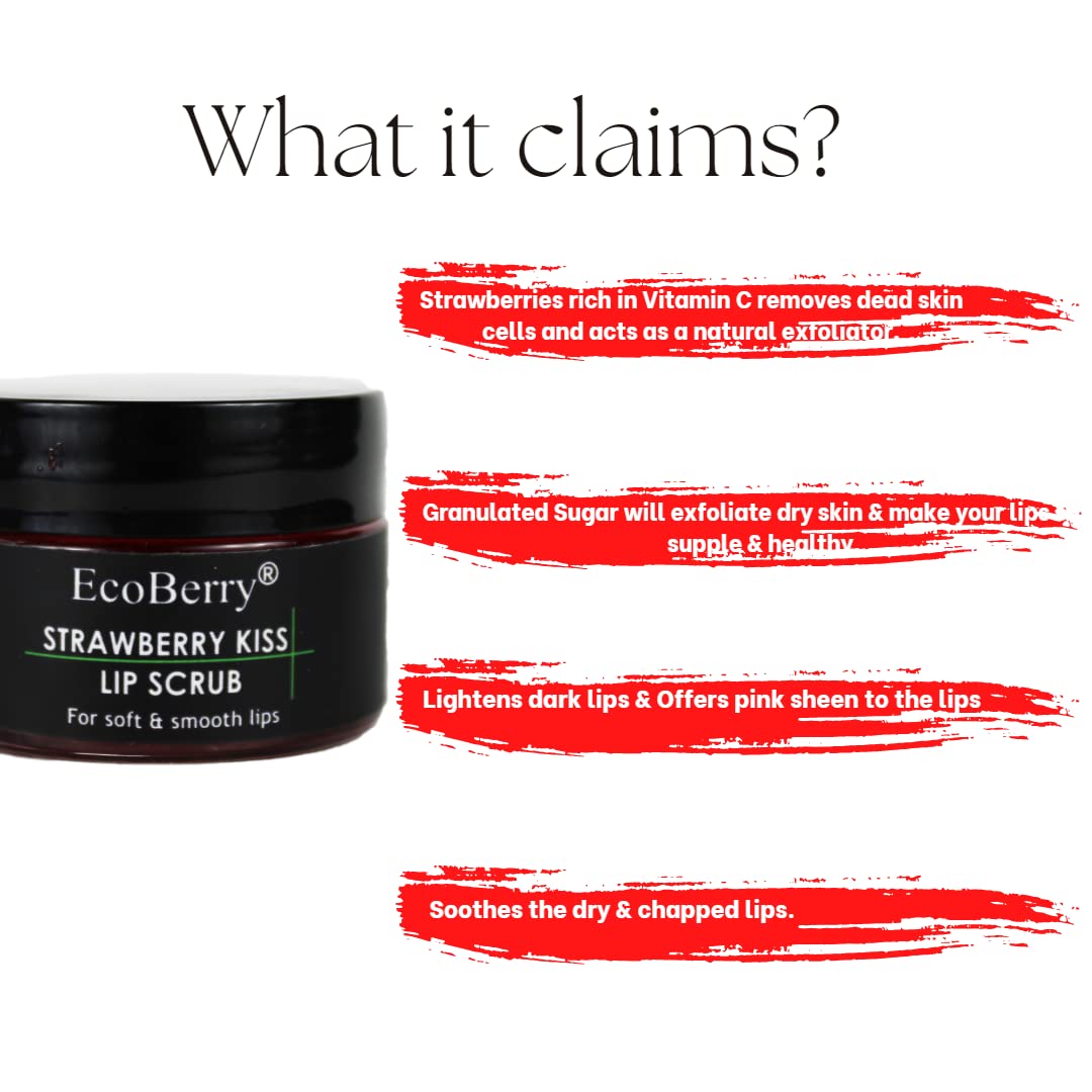 EcoBerry Strawberry Kiss Lip Scrub Lip Scrub For Natural Pink Lips Dry, Chapped Lips, Supple Moisturizing Conditioning, Enriched with Strawberry Extracts, Natural & Handmade, Mineral Oil Free, Paraben Free, Veg