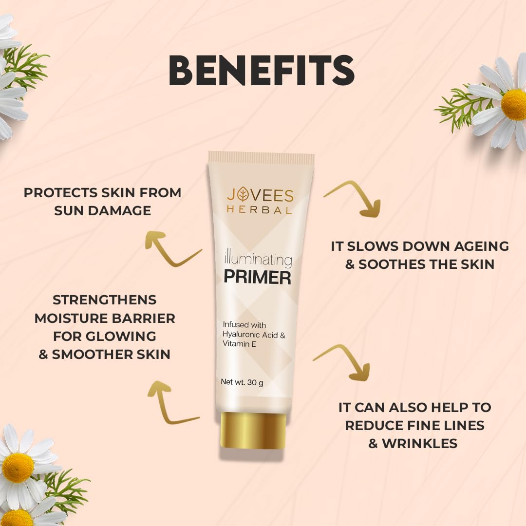 Jovees Herbal Illuminating Primer Infused with Hyaluronic Acid & Vitamin E | Hydrating & Smooth Natural Finish | Light Weight Formula | Natural Tint, 30gm