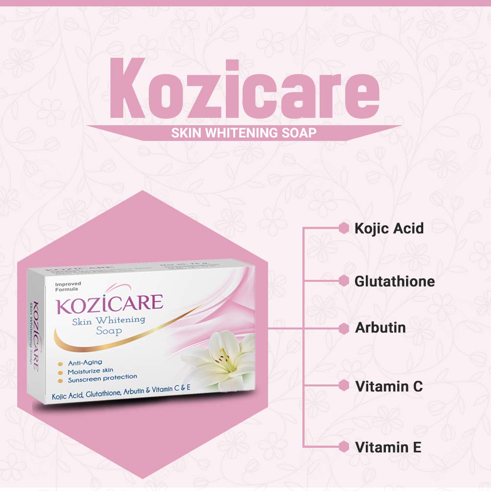 Kozicare Kojic Acid, Vitamin E, Arbutin Skin Whitening Soap, 75g (Pack Of 3) & Kojic Acid, Arbutin, Glutathione Skin Whitening & Lightening Cream, 15g (Pack Of 4)