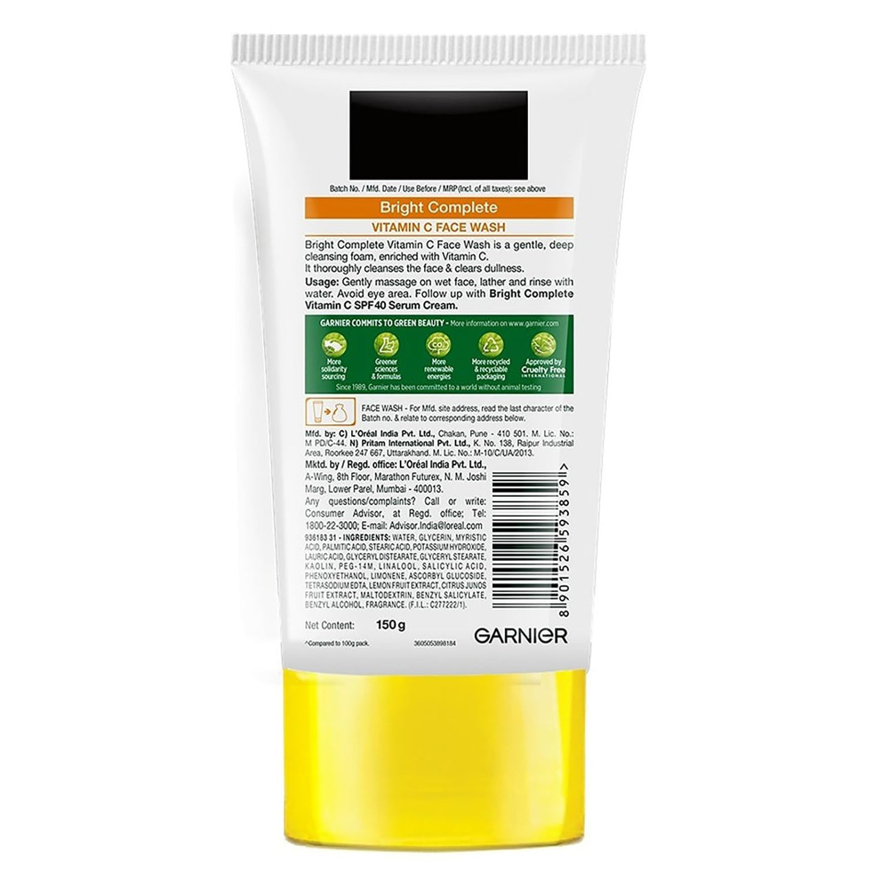 Garnier Skin Naturals Bright Complete Vitamin C Face Wash - Vitamin C Face Wash For Brighter and Glowing Skin - Daily Cleanser Suitable For all Skin Types, 150g