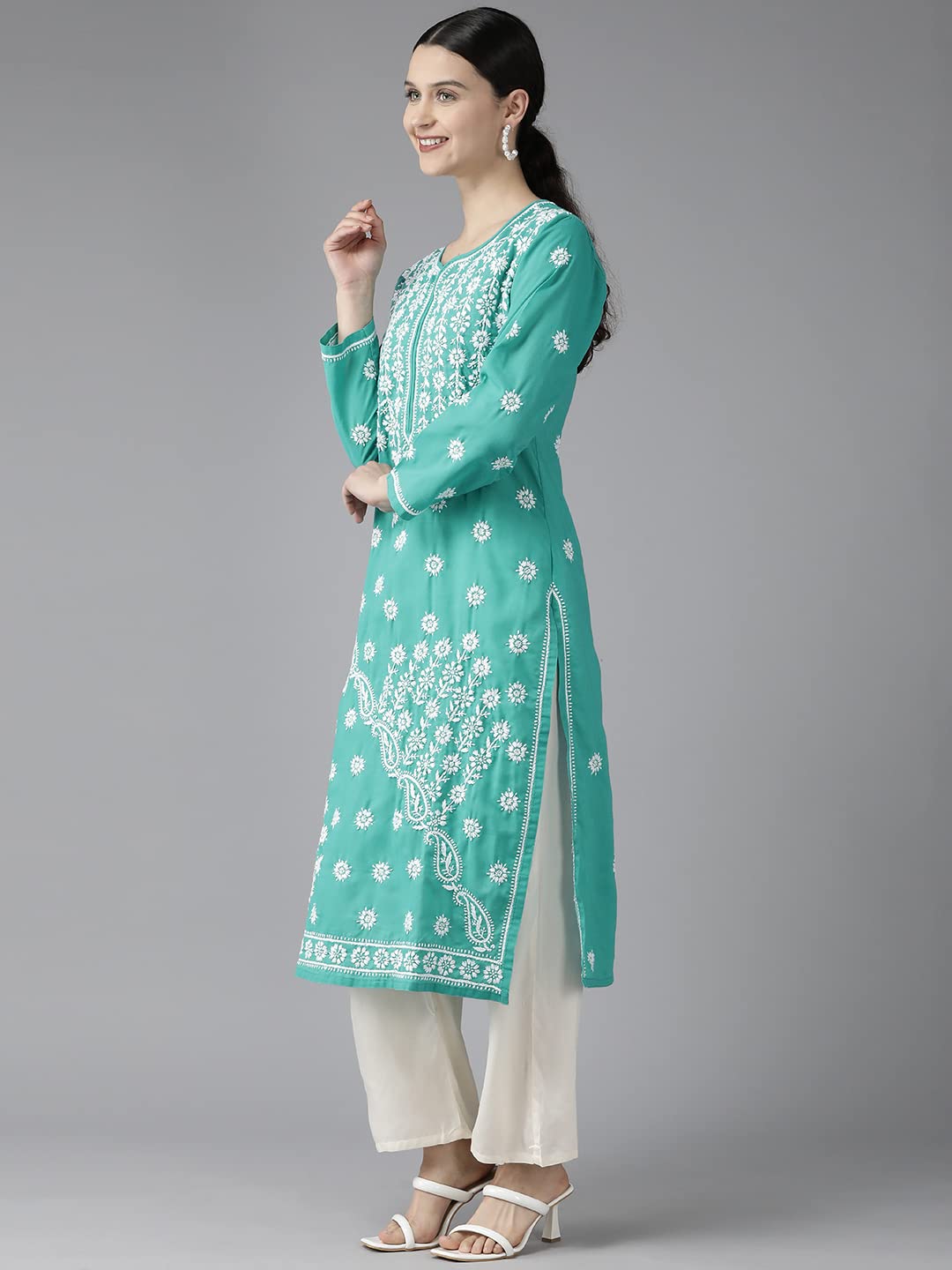 Ada Hand Embroidered Lucknowi Chikankari Ethnic Wear Cotton Kurta Kurti Tunic for Women