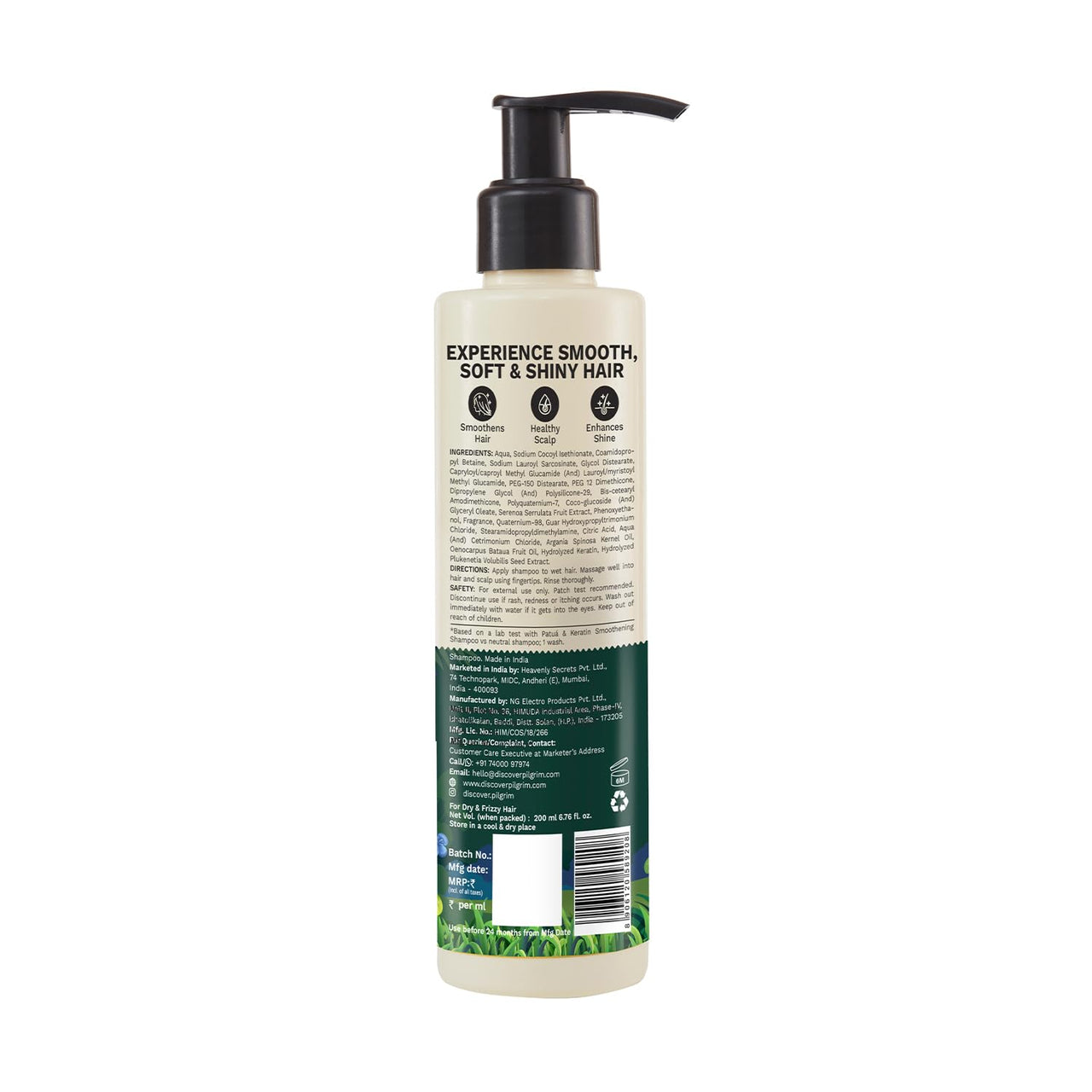 Pilgrim Patuá & Keratin Hair SMOOTHENING SHAMPOO for Dry & Frizzy hair | Sulphate & Paraben free shampoo for Women & Men | Hair Smoothening & healthy scalp | 200 ml