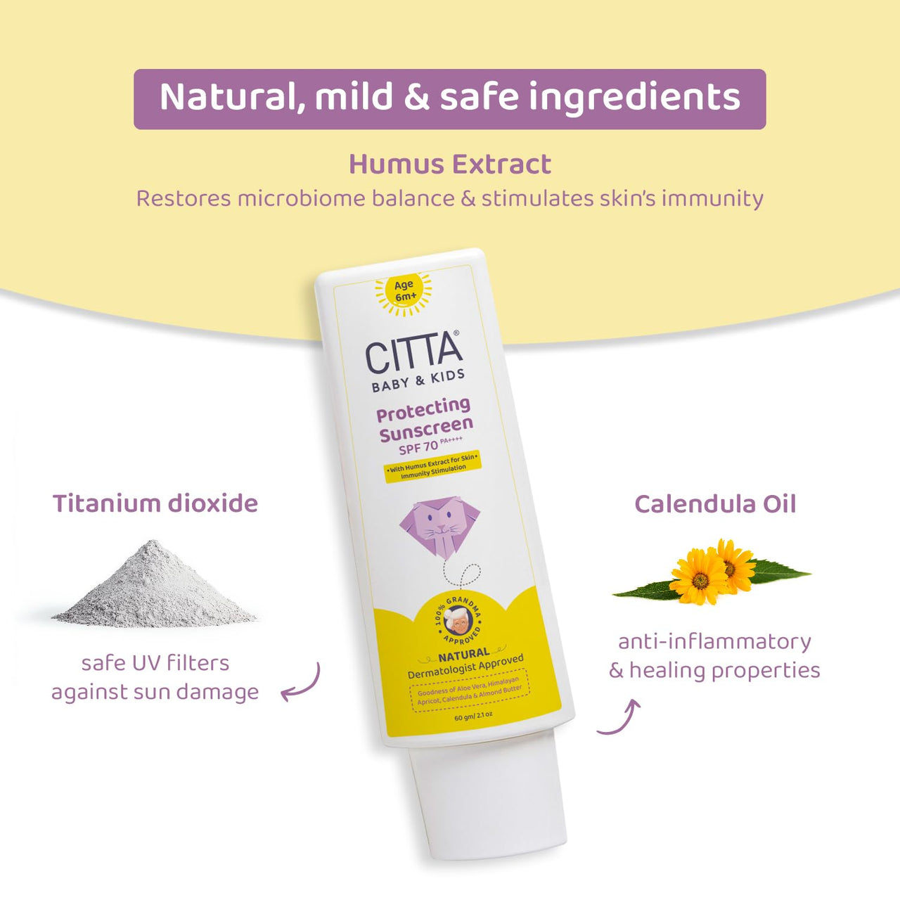CITTA Baby & Kids Sunscreen SPF 70 PA++++ | UVA/UVB/Digital Blue Light Protection | Hypoallergenic & Non-Greasy | Dermatologist Approved | With Humus Extract for Skin Immunity | Paraben-Free | 60g