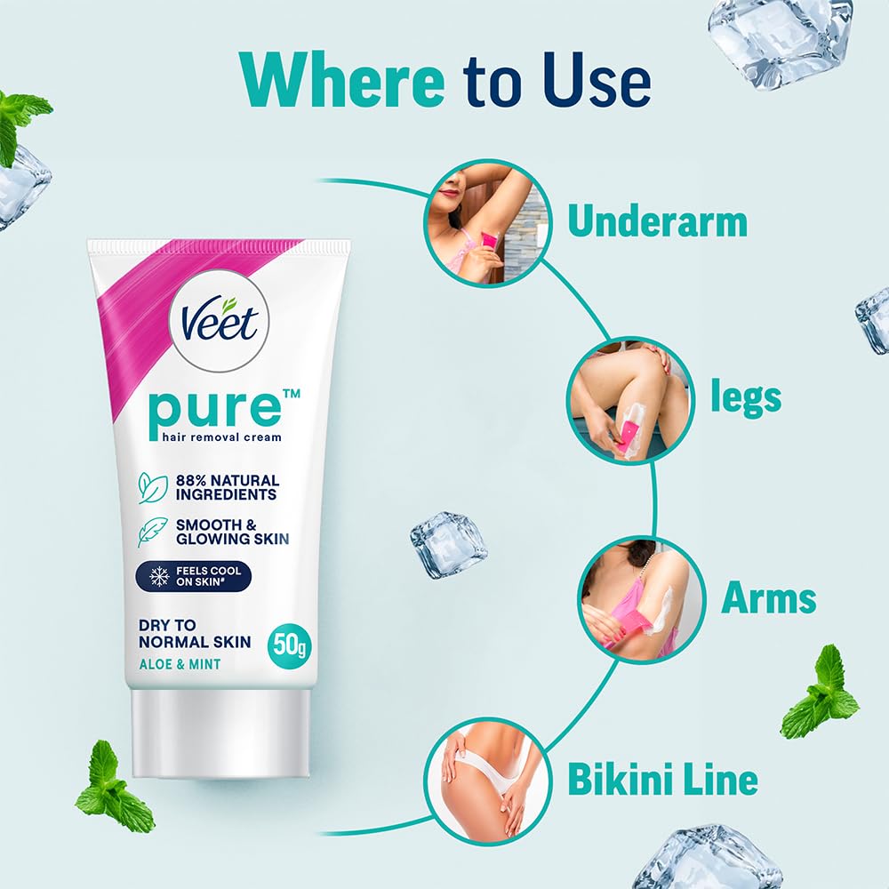 Veet Pure Hair Removal Cream for Women For Dry To Normal Skin - 50g | Suitable for Legs, Underarms, Bikini Line, Arms