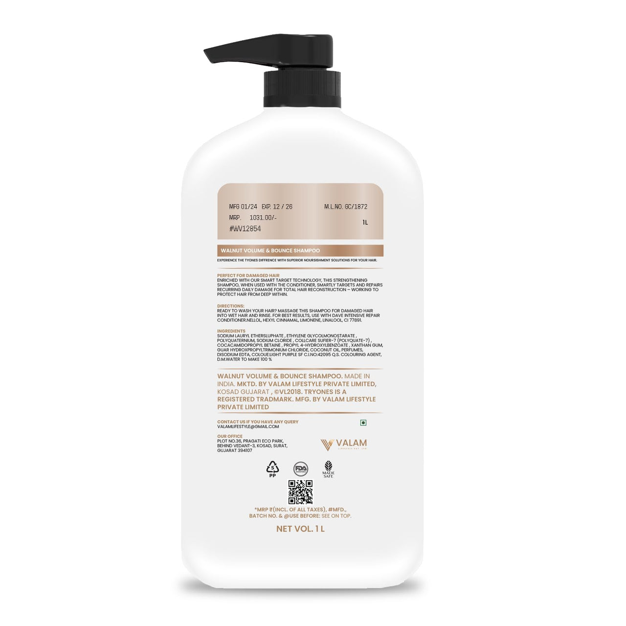 TryOnes Walnut Volume and Bounce Shampoo | For Fine and Thinning Hair| Volumizing Shampoo for Thin Hair 1000 ml