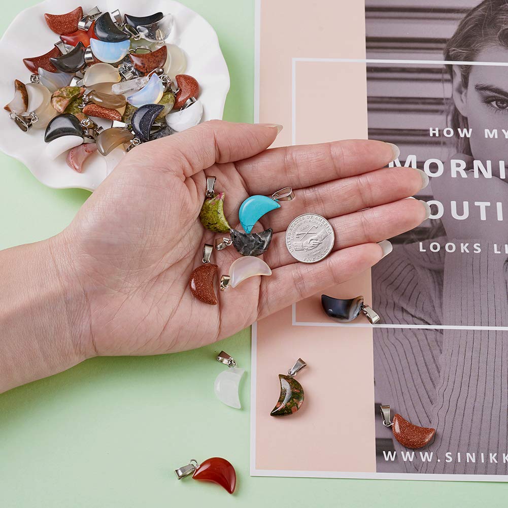 FASHEWELRY 50Pcs Crescent Moon Shaped Mixed Stone Pendants Healing Crystal Quartz Chakra Reiki Gemstone Charms for Necklace Jewelry Making Hole: 2x7mm 1-Mixed Color-Moon-Random