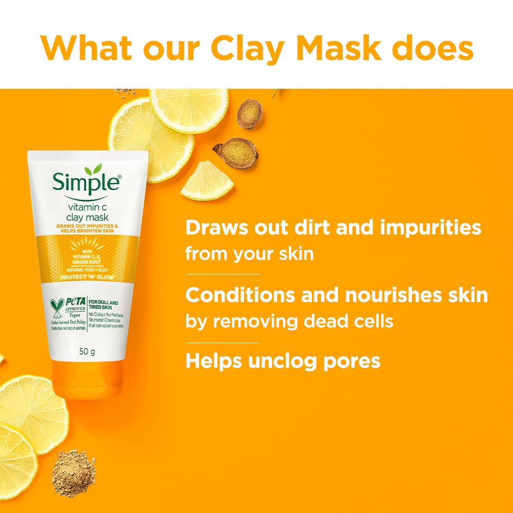 Simple Protect N Glow Vitamin C Brighten Clay Mask 50g | Draws Out Impurities & Helps Brighten the Skin | For Dull & Tired Skin