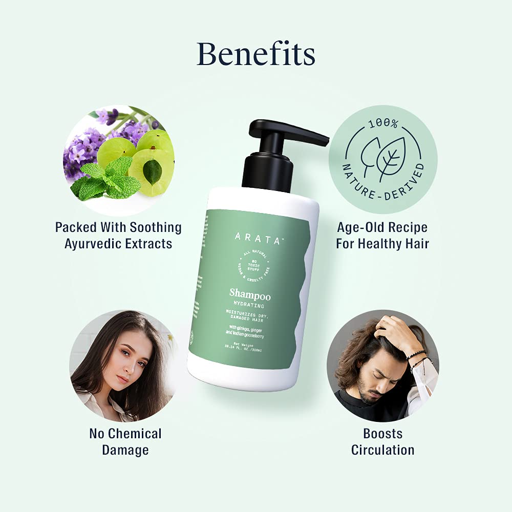 Arata Natural Hydrating Hair Shampoo (300ML) for Soft, Smooth Hair | Paraben and Sulphate Free for Damage Repair & Moisturization | Reduces Frizz, Split Ends with Ginkgo, Ginger & Indian Gooseberry