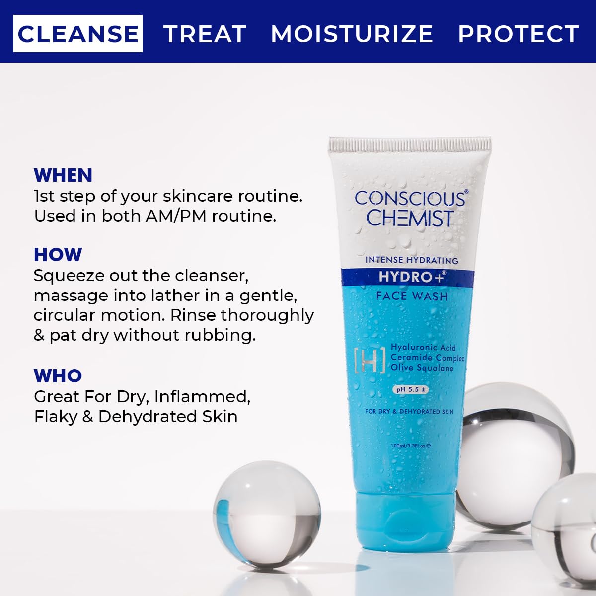 Conscious Chemist® Gentle Face Wash for Dry Skin | 100ml | Hydrating Cleanser for Face with Hyaluronic Acid, Ceramides and Ginseng Extract, Treats Dull and Dehydrated Skin for Women & Men - Hydro+