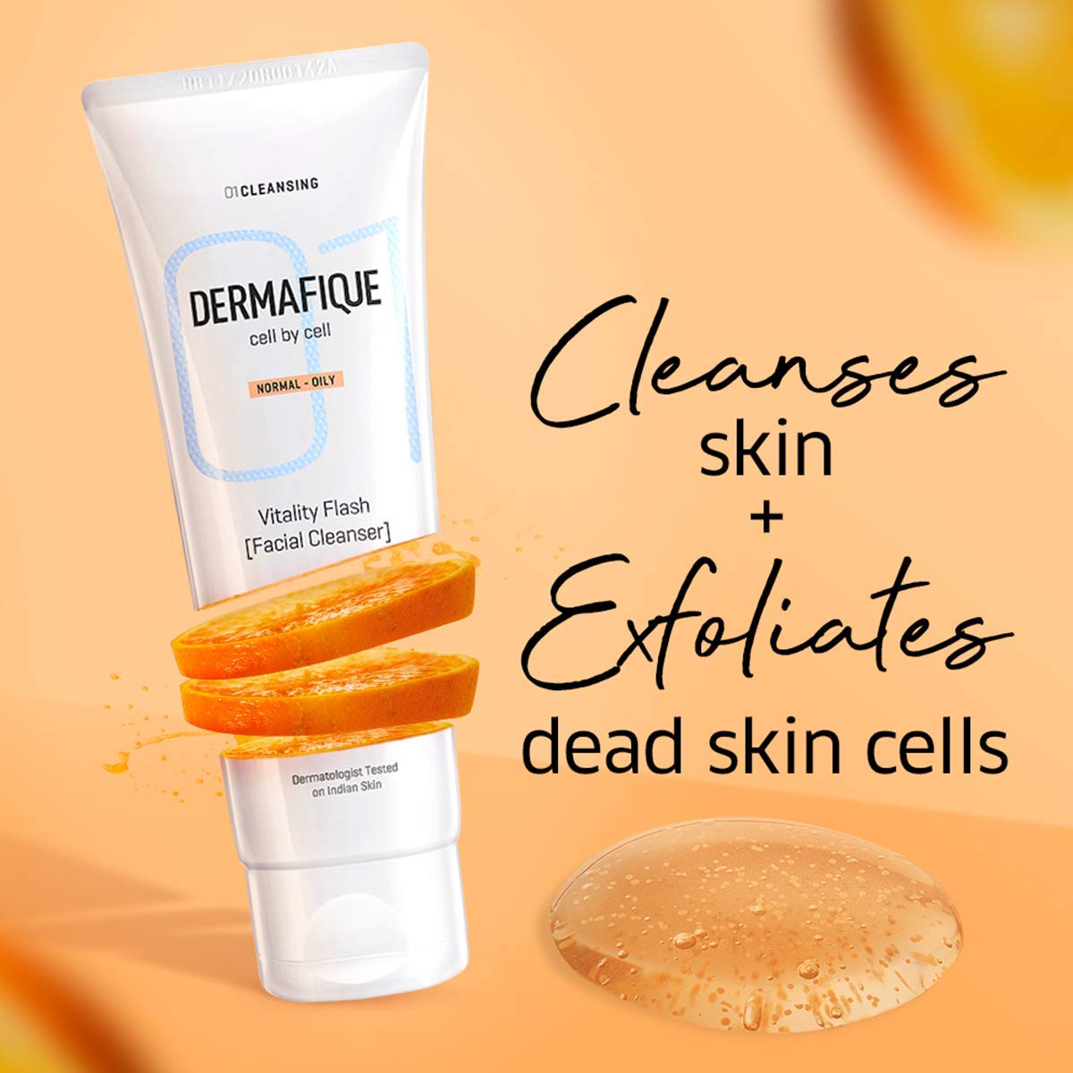 Dermafique Vitality Flash Facial Cleanser – 100ml, Orange Zest Extract Removes Sebum (Oil), Face Wash with Micro Pearls Exfoliator | Soap, Paraben & Alcohol Free | Dermatologist Tested