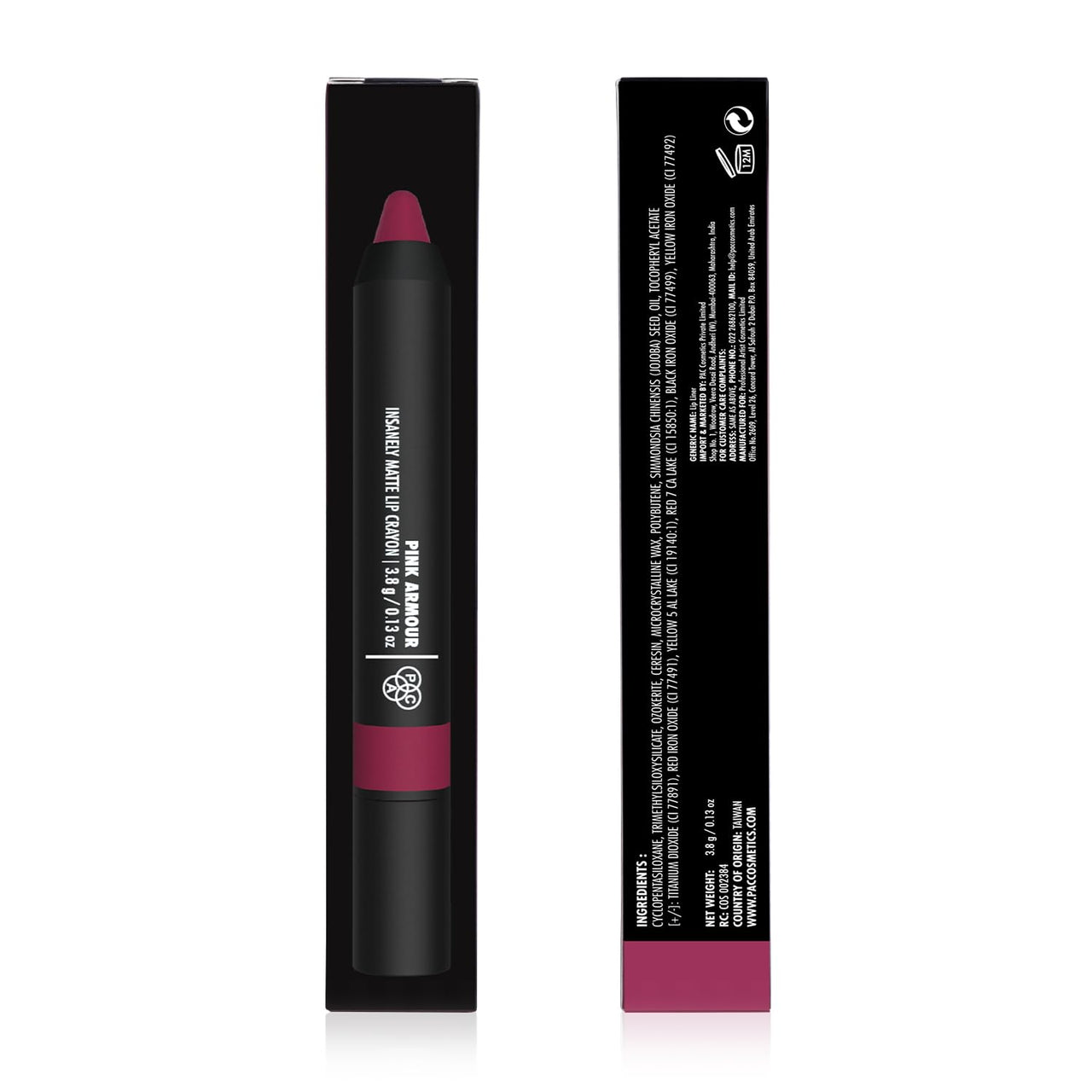 PAC Insanely Matte Lip Crayon (Pink Armour) | 12H Longlasting Lip Crayon | Comfortable Non Drying Formula | Velvetty matte Finish | Smudgeproof Kiss Proof Transfer Proof