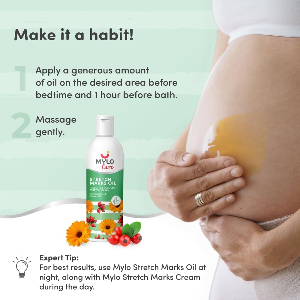 Mylo Care Stretch Marks Oil - with Sea Buckthorn, Rosehip, Argan & Coconut Oil - Vitamin E Oil for Scars & Stretch Mark Lightening - Natural Skin Care Solution for Pregnant Women - 100ml