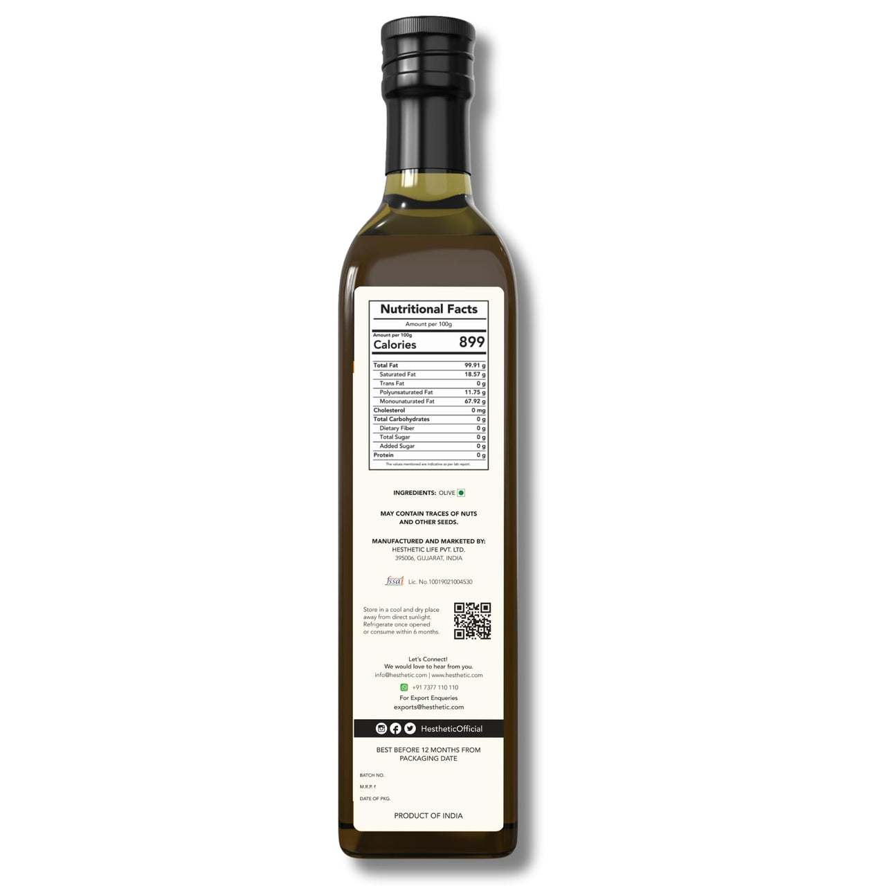 HESTHETIC Premium Pure Extra Virgin Olive Oil – 500ml, 100% Cold-Pressed, Ideal for Cooking, Baking & Salads, Natural Beauty Oil for Skin & Hair, Rich in Antioxidants & Nutrients
