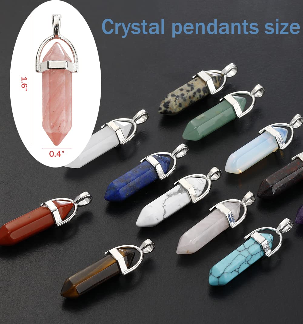 Lezam 24 Pcs Healing Chakra Crystal Pendant Hexagonal Pointed Natural Stone Bullet Shaped Pendant Gemstone Quartz Charm Pendants for Necklace Jewelry Making(24) 24-B