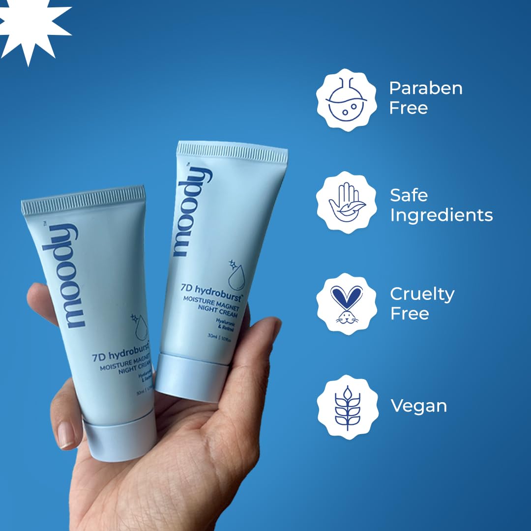 Moody 7D Hydro Burst Moisture Magnet Night Cream with Hyaluronic Acid | Repairs Dark spot, Blemishes, & Wrinkles | Paraben Free | Lightweight, Quick-Absorbing, Non-Sticky Moisturizer, 30ml