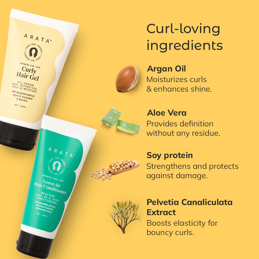 Arata Curl Care Duo Combo Of 2-Leave-In Conditioner(100Ml)&Gel(150Ml)|For Frizzy,Wavy,Curly Hair|Hydration,Moisture&All-Season Curl|No Sulphate,Paraben,Silicone|Aloe Vera|Cg Approved,2 Count