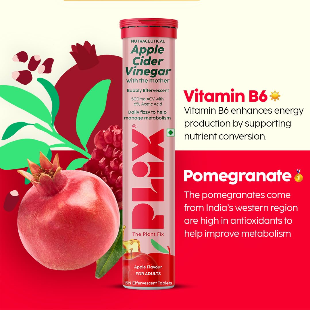 The Plant Fix Plix Apple Cider Vinegar Effervescent Tablet With Mother I With Vitamin B6 & B12|Pack Of 1 (Apple),15 Capsules|No Added Sugar |Easy To Carry & Consume,1 Count