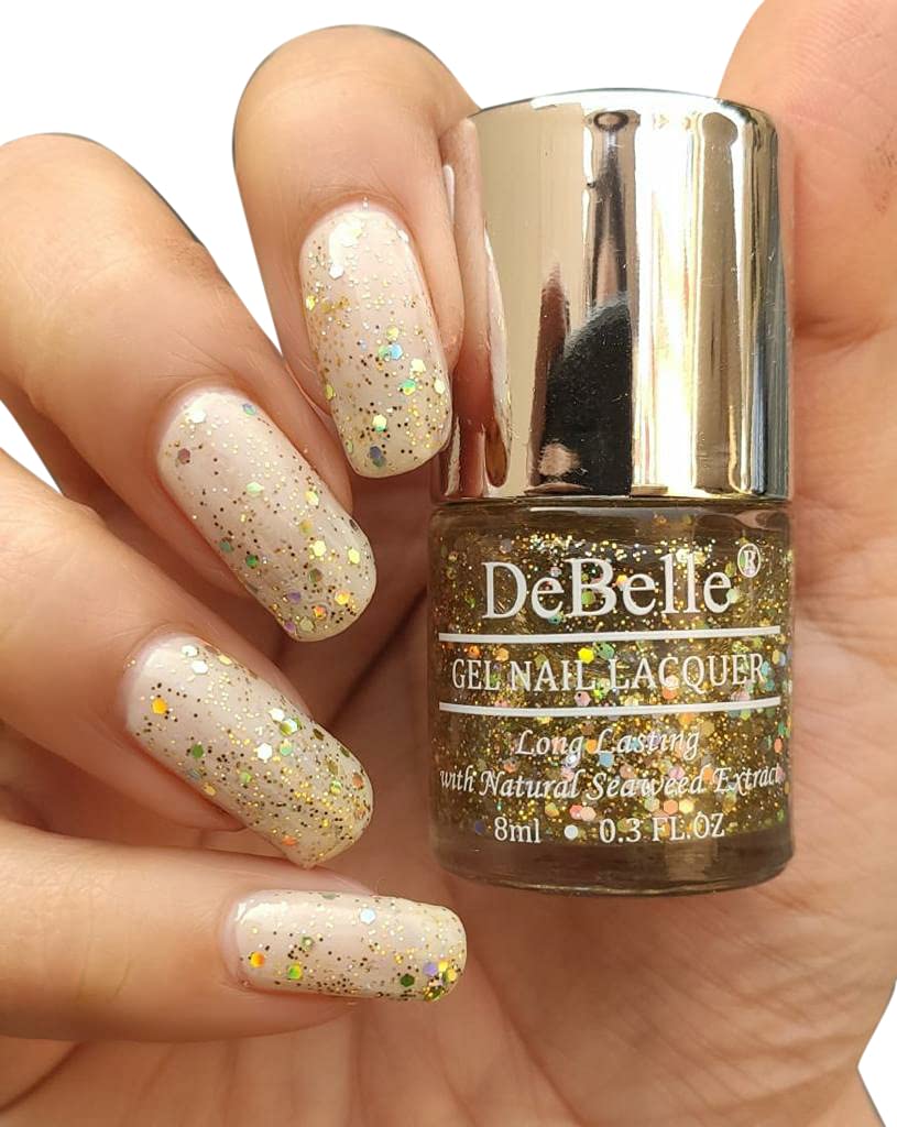 DeBelle Gel Nail Polish Galaxia (Transparent With Different Size Holo Glitter Nail Paint)|Non UV - Gel Finish |Chip Resistant | Seaweed Enriched Formula| Long Lasting|Cruelty and Toxic Free| 8ml