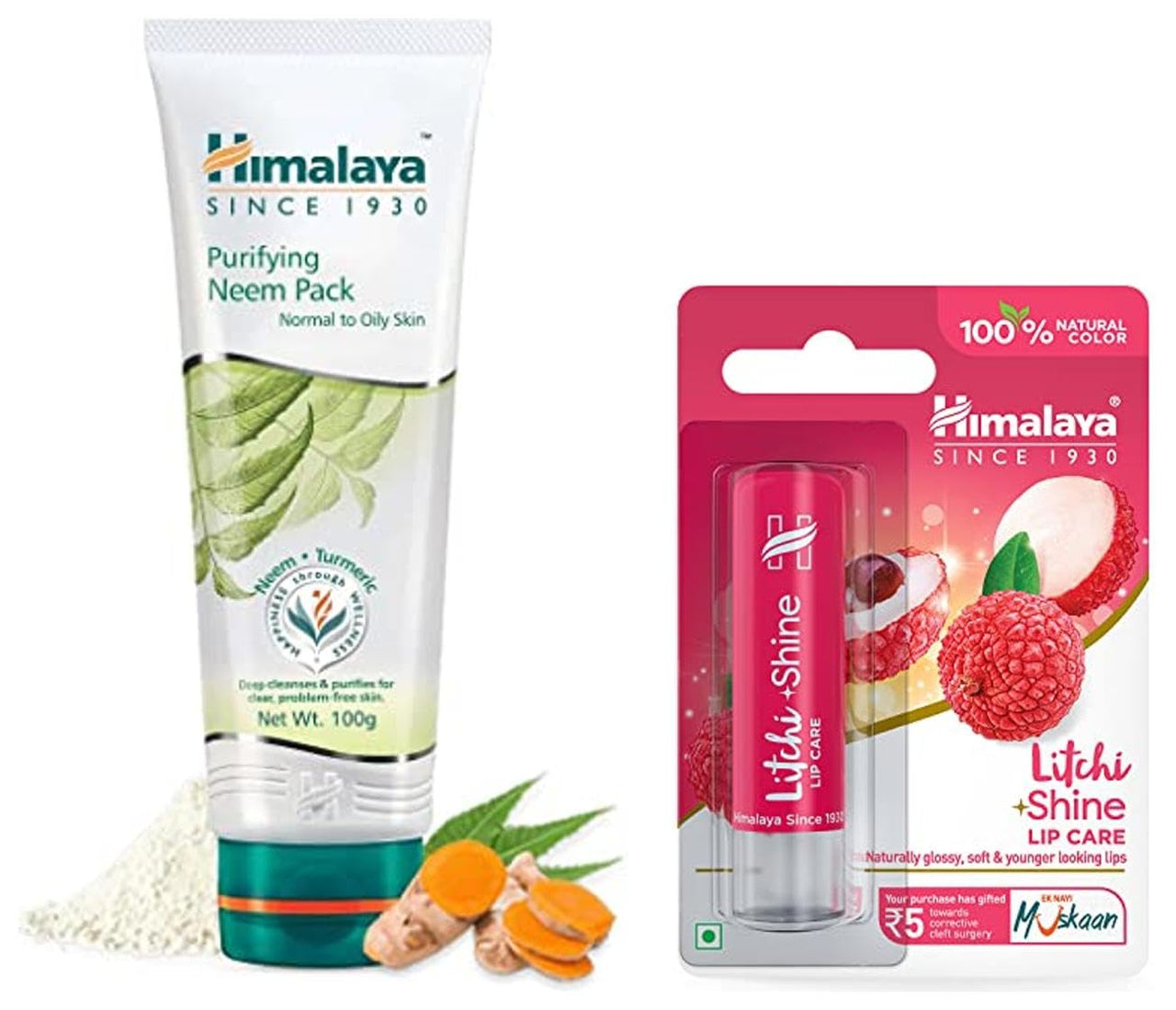 Himalaya Litchi Shine Lip Care, 4.5G & Purifying Neem Pack, 100G, Multicolor