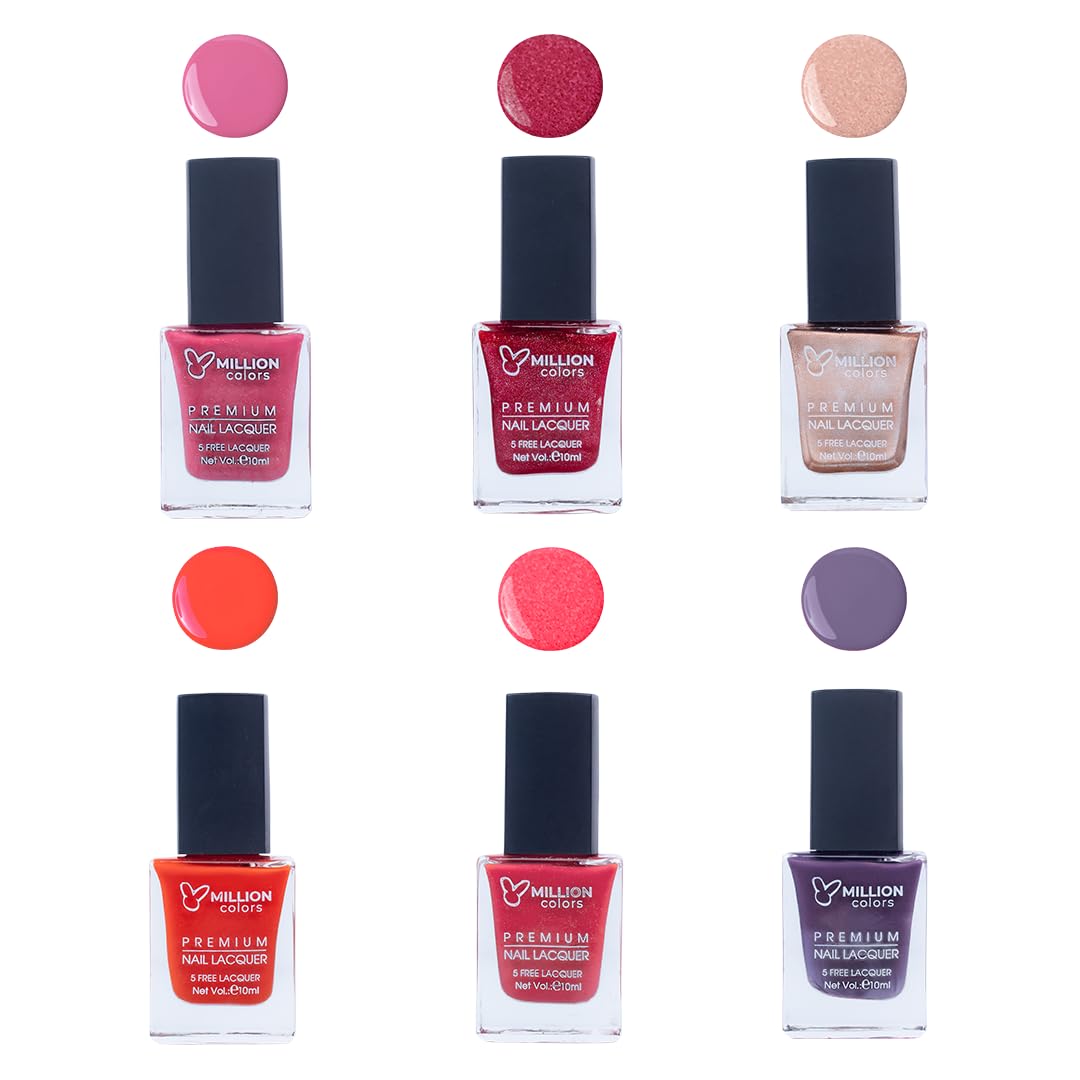 Million Colors Nail Polish Combo Pack of 6 | Long Lasting Nail Paint Quick Drying, Chip-Resistant, High Shine | Non Toxic & Paraben Free | Gift Set for Women (Multi 1, 10 ml)