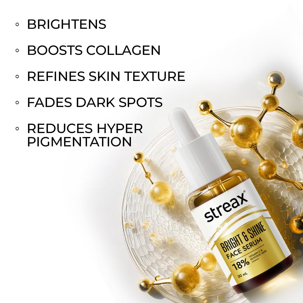 Streax Bright & Shine Face Serum, 30 ml|10% Vitamin C Serum|Brighter Skin in 3 Days|Serum for Glowing Skin| Reduces Dark Spots & Pigmentation|Niacinamide serum, Vitamin C Face Serum for Women & Men