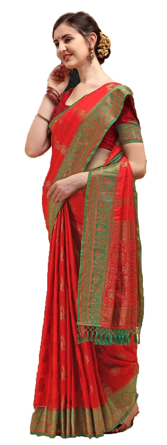 NK Textiles Women's  Elephant Motifs Woven Kanjivaram Ghicha Tussar Silk Saree with Fancy Tassels