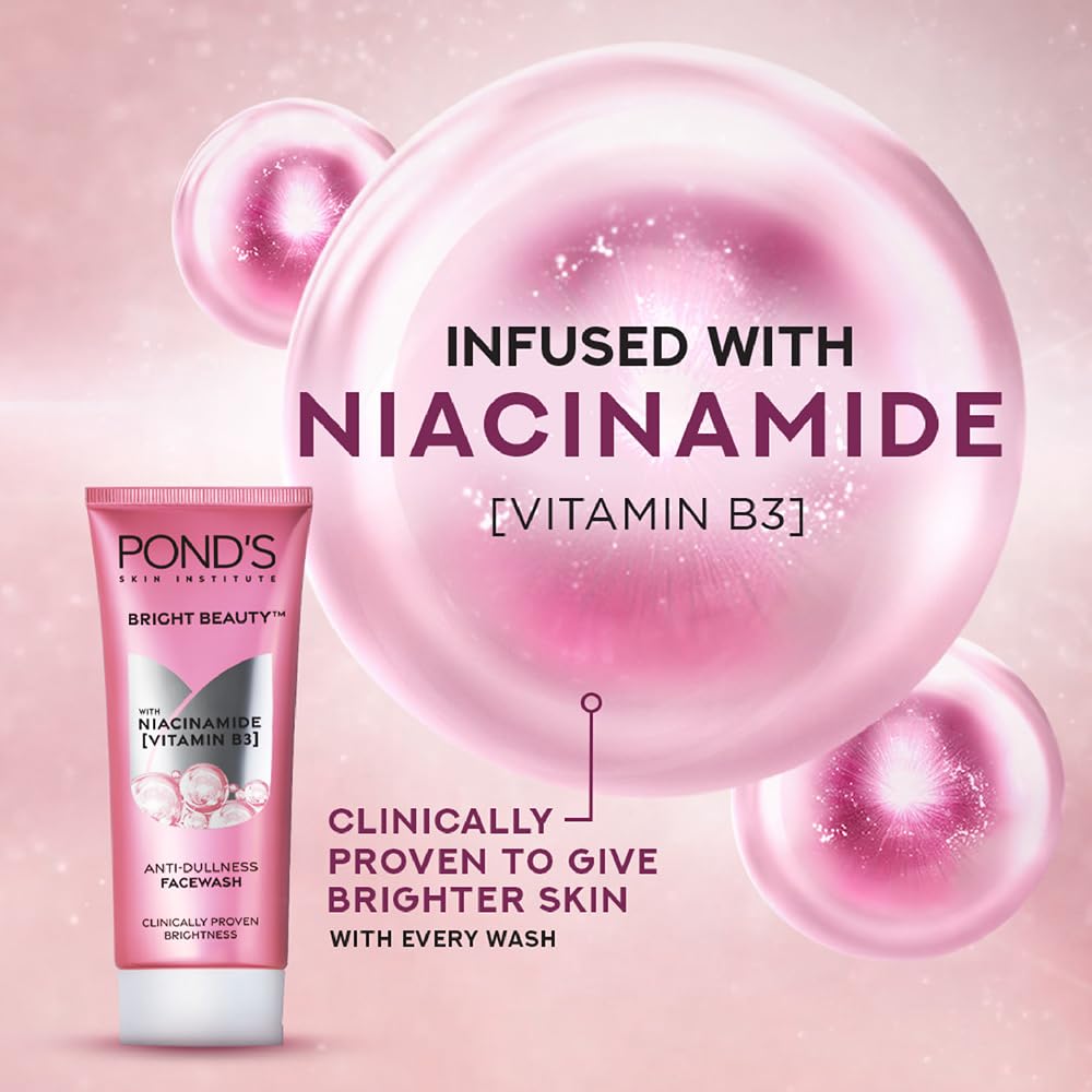 POND's Bright Beauty Anti-Dullness & Brightening Facewash With Niacinamide | For Glass-Skin Like Shine And With 4X Visibly Brighter Skin, 200Gm