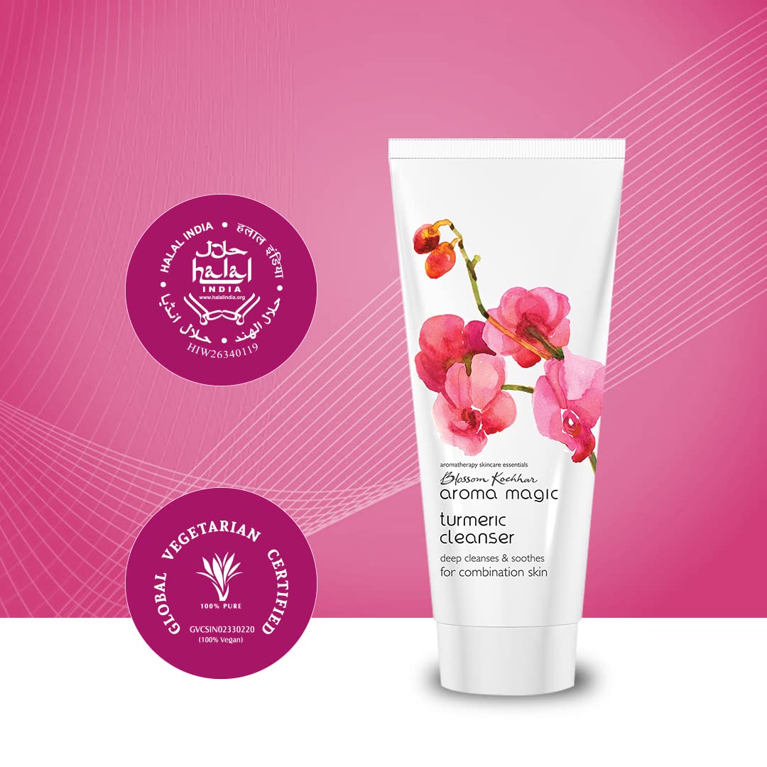 Aroma Magic Turmeric Cleanser | Deeply cleanses, hydrates, unclogs pores & soothes skin with Grapeseed, jojoba & ylang-ylang essential oils, Damask rose extracts | For Combination Skin - 100 gm