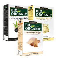 INDUS VALLEY Bio Organic Combo Set of Charcoal Powder, Sandalwood Face Pack Powder and Multani Mitti Powder | Healing Clay | Bentonite clay - for Glowing Skin (100+200+200=500g)