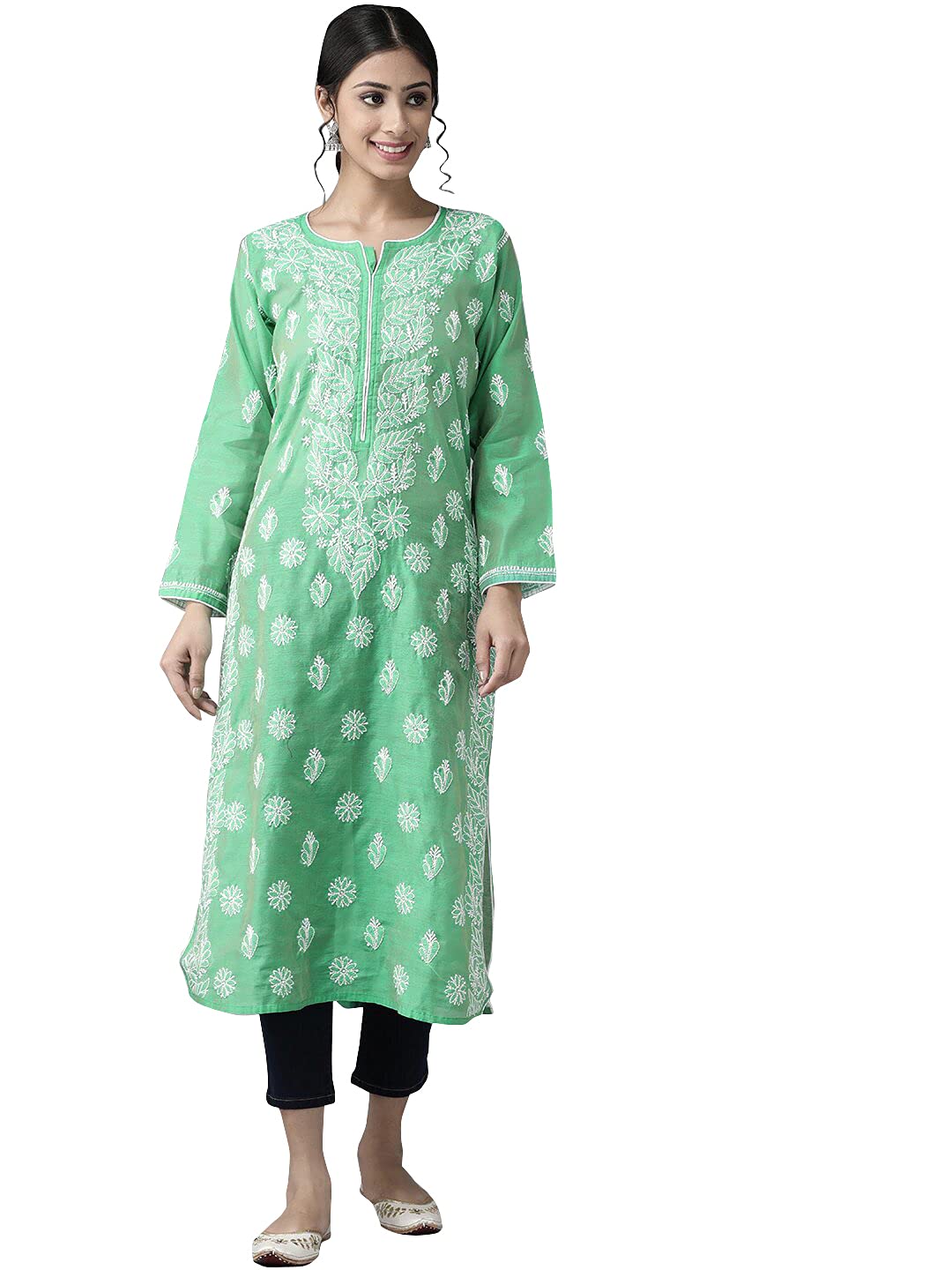 Ada Hand Embroidered New Lucknowi Chikankari Chanderi Kurta Kurti for Women A411175