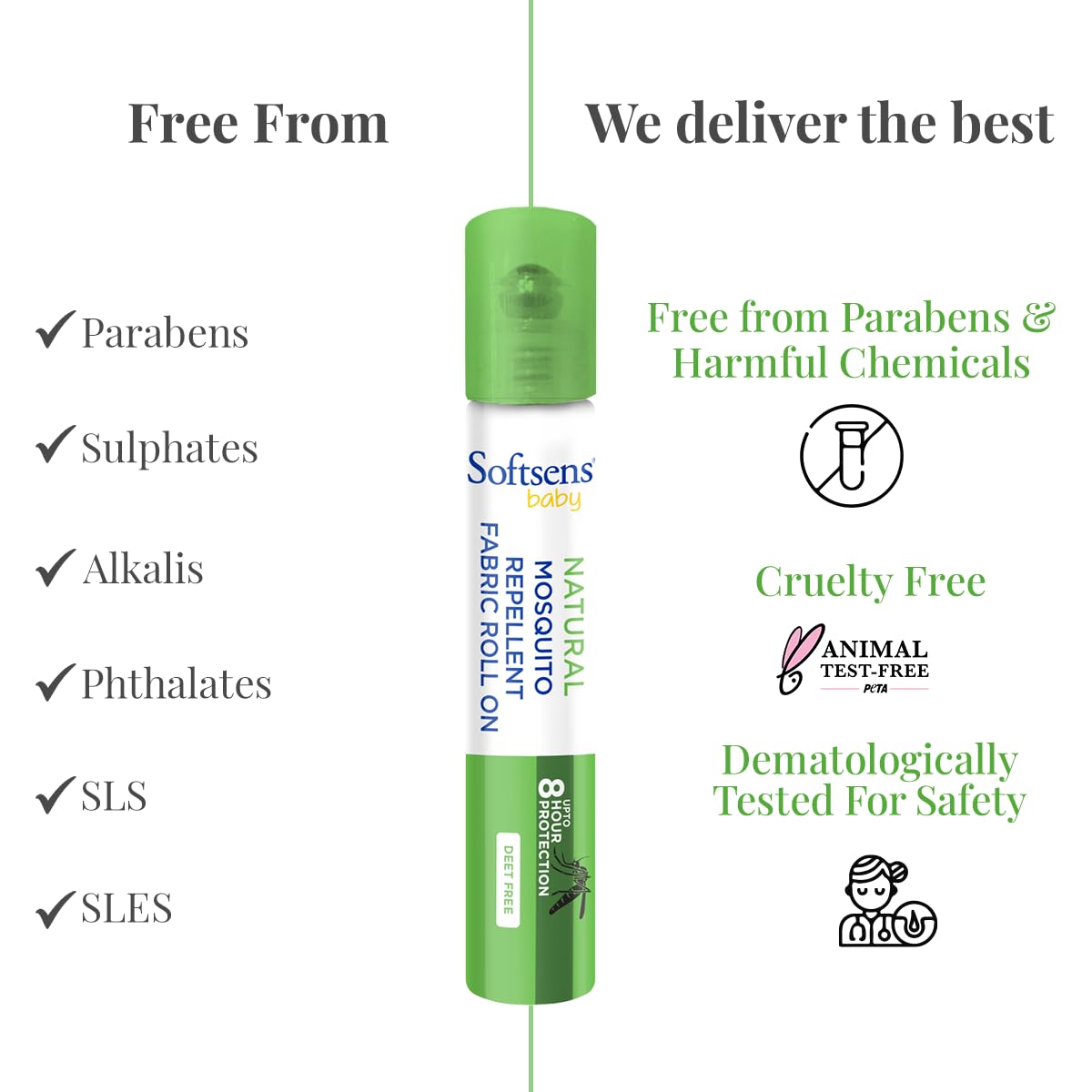 Softsens Baby Natural Mosquito Repellent Fabric Roll-On - 8ml | Non-Sticky Mosquito Repellent With Upto 8 Hrs Protection | Paediatrician Certified, Pack of 1