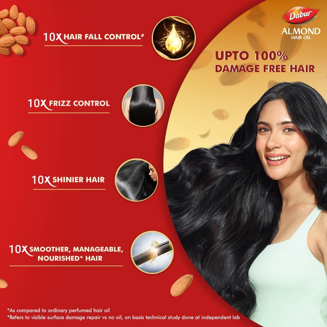Dabur Almond Hair Oil - 190ml With Free Dabur Almond Oil 95ml | Provides Damage Protection | Non Sticky Formula | For Soft&Shiny Hair | With Almonds, Keratin Protein, Soya Protein & 10X Vitamin E