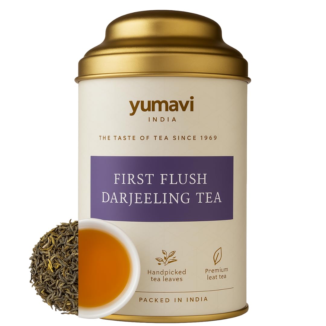 Yumavi First Flush Darjeeling Tea - 50+ Cups (100g) | No HARMFUL PET jars or Plastic | Loose Leaf Black Tea - Flowery, Aromatic & Delicious | Champagne Of Teas | Mellow & Fragrant | Direct From India