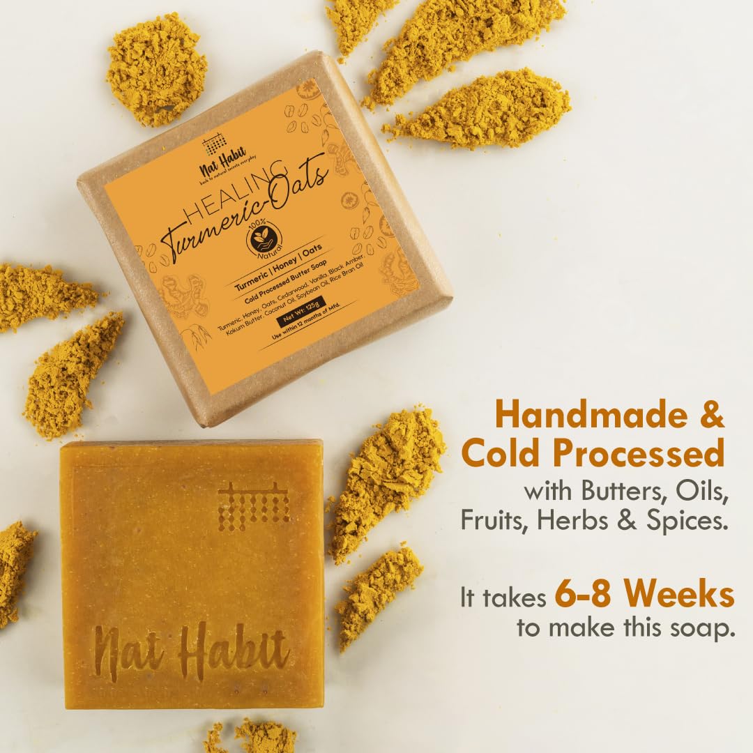 Nat Habit Healing Turmeric-Oats Bath Soap With Ayurvedic Cold Processed For Scar Reduction, Gentle Exfoliation, Tan Removal & Cleansing (125g x 2)