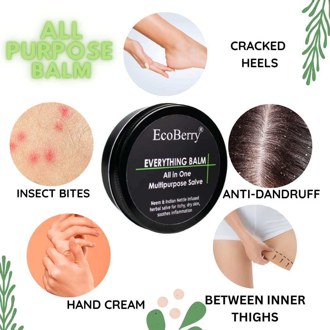 EcoBerry Everything Balm, All In One Multipurpose Balm, Moisturizing, Hair Conditioning, Anti-dandruff, Makeup Remover, Effective on Skin Rashes Insect Bites, Natural, Chemical Free, Paraben Free, Veg